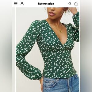 REFORMATION NELL GREEN FLORAL TOP SIZE LARGE